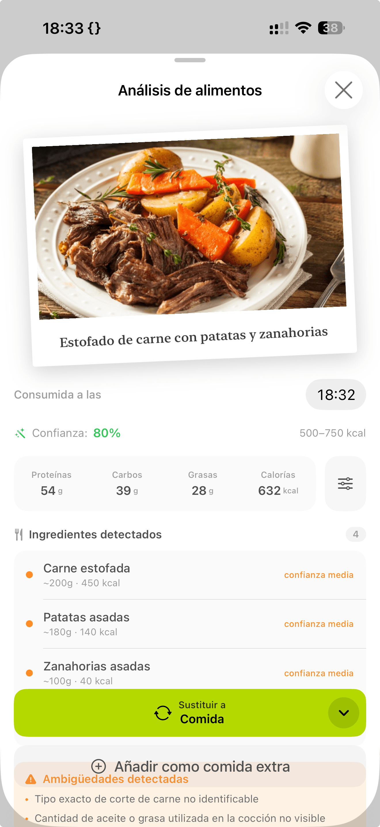 Análisis de un plato por foto — ingredientes detectados y kcal