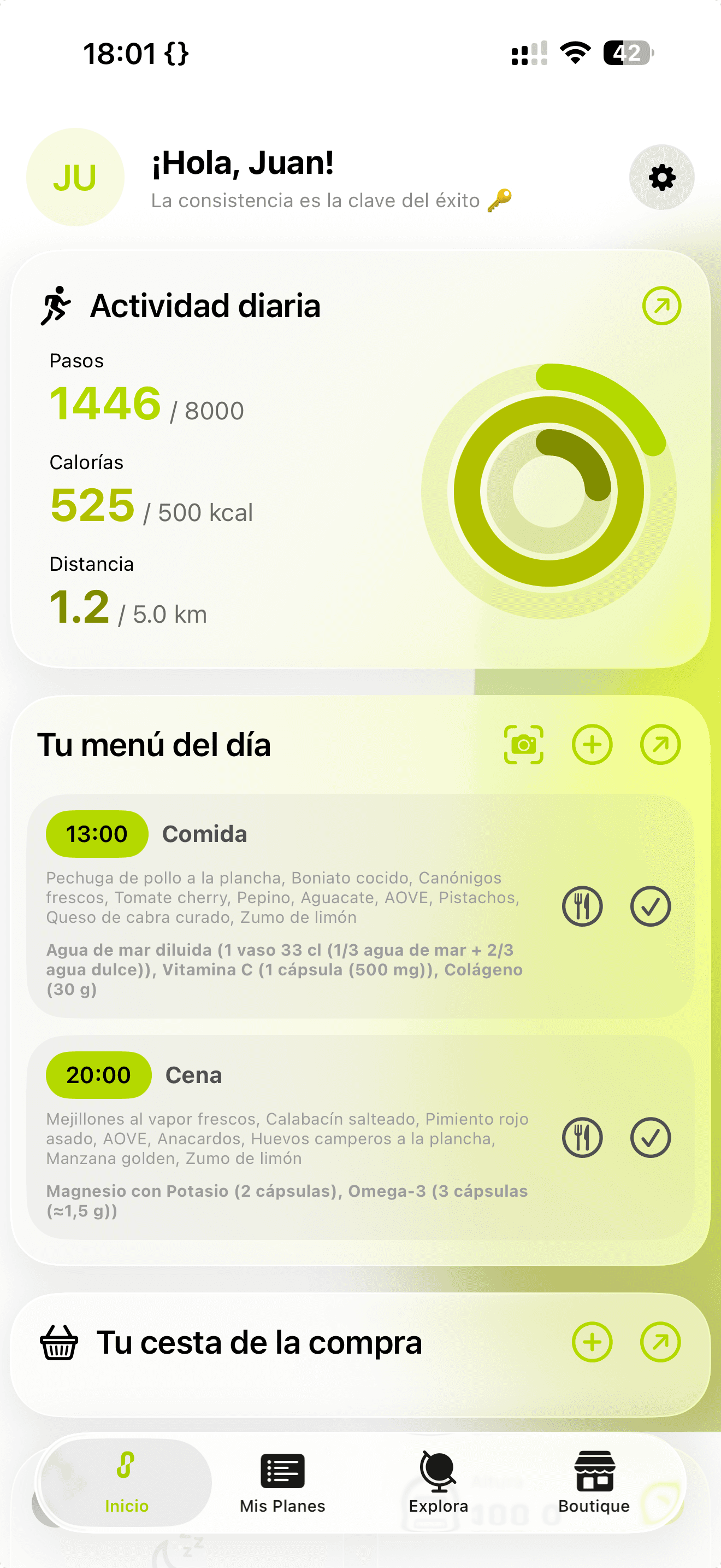 Pantalla de inicio de Kunoa — actividad diaria y menú del día