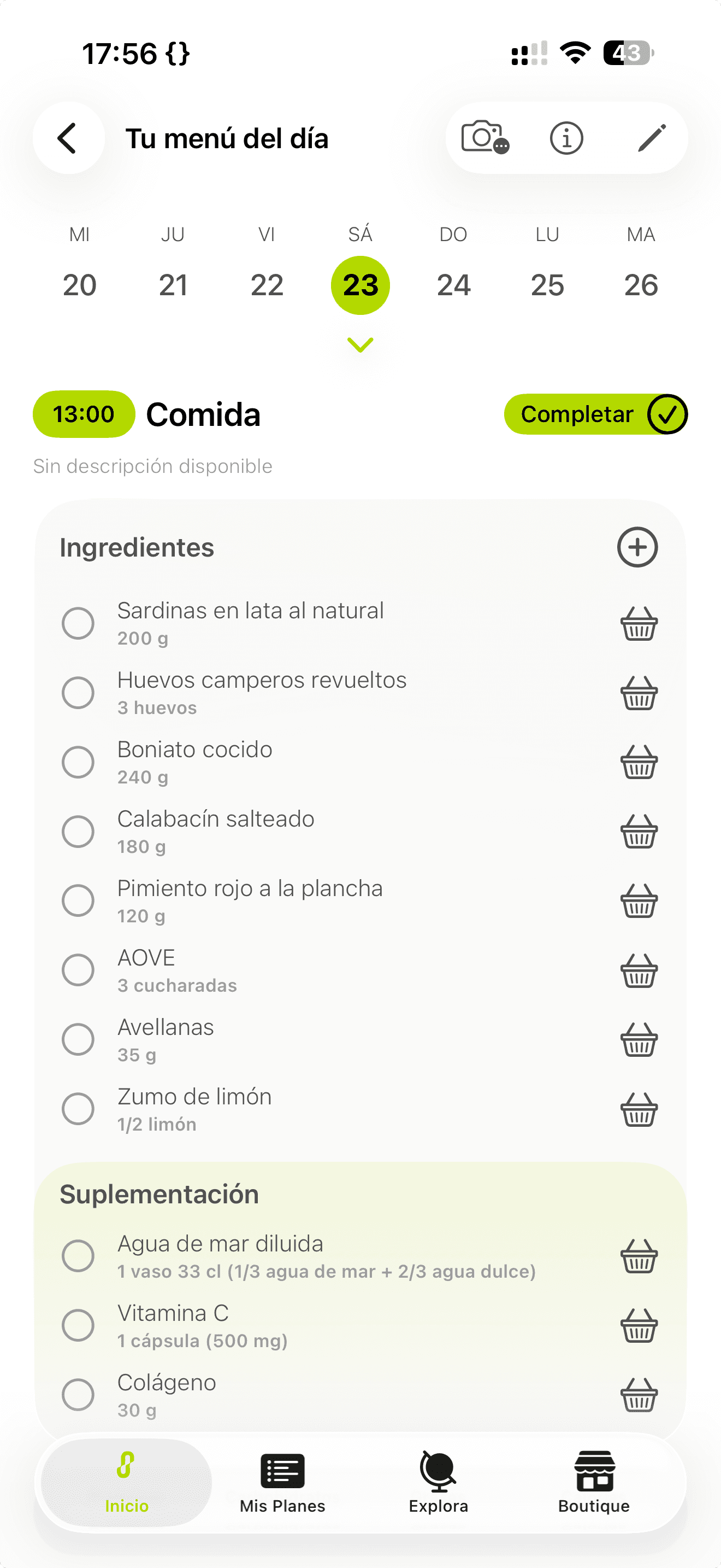 Pantalla del menú del día — comida y suplementación detallada